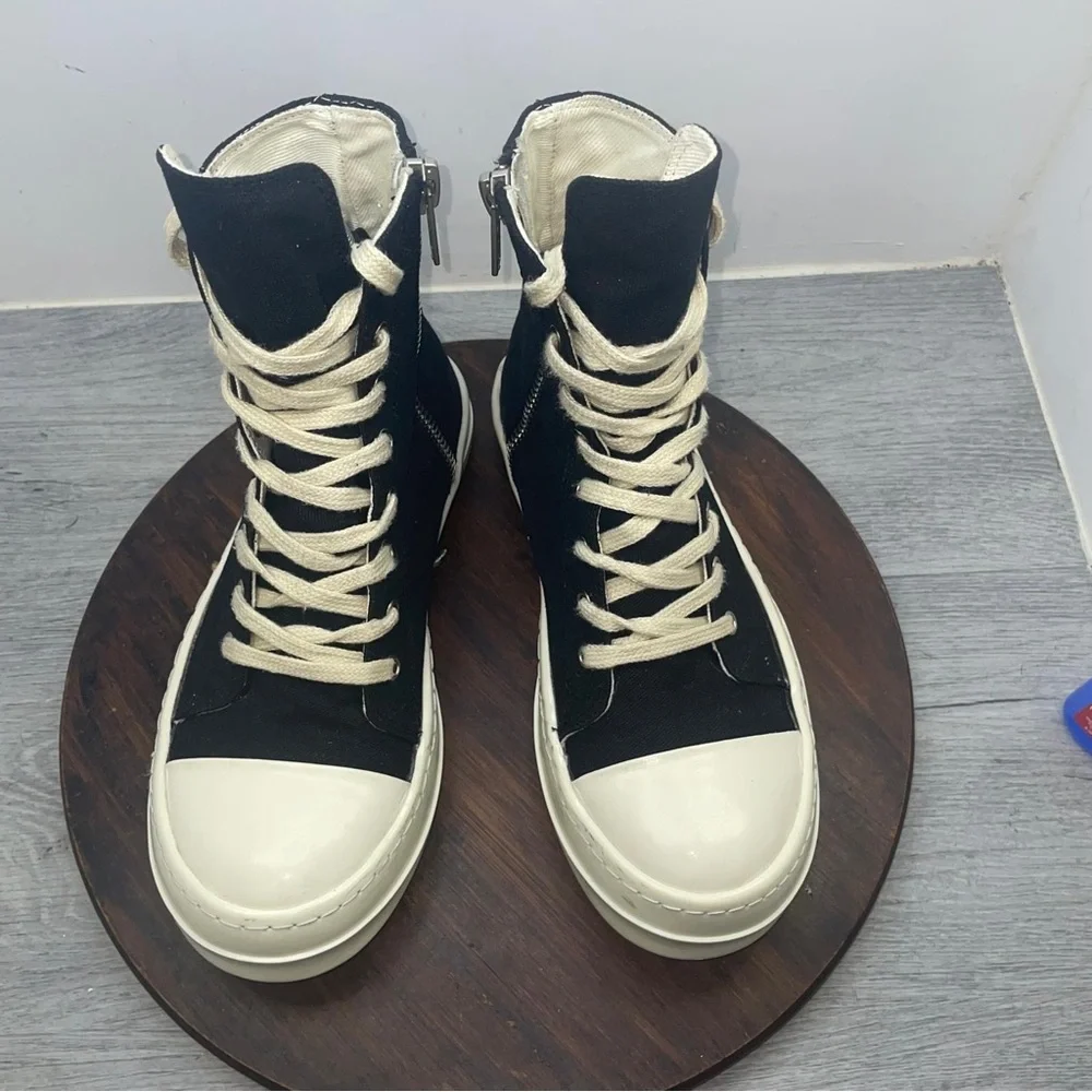 Rick Owens Black White Canvas High-Top Sneakers Lace Up Zipper Size 40